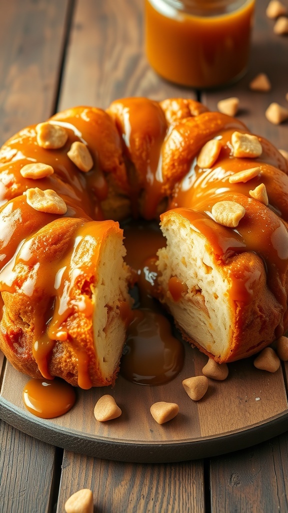 Golden-brown butterscotch monkey bread on a wooden table, showcasing gooey sauce and fluffy dough.